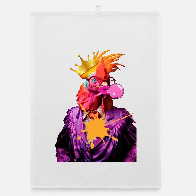 King rooster Pop Star - Organic dish towel - white