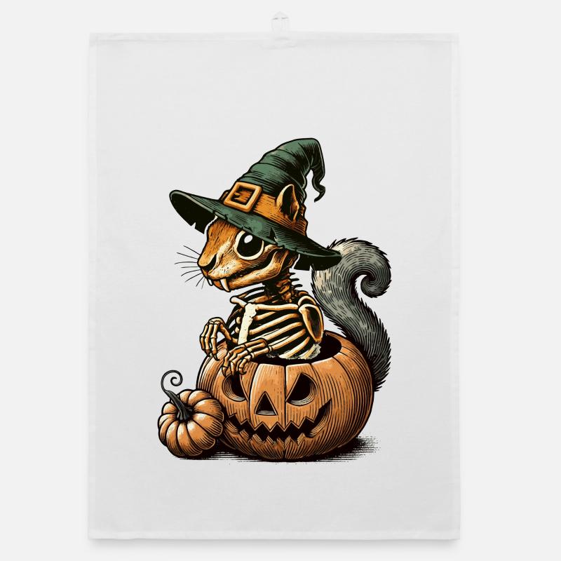 Skeleton squirrel motif in a pumpkin with hat Organic dish towel