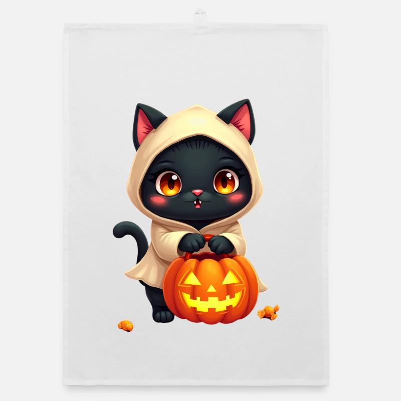 Chat d’Halloween avec citrouille d’Halloween Torchon bio