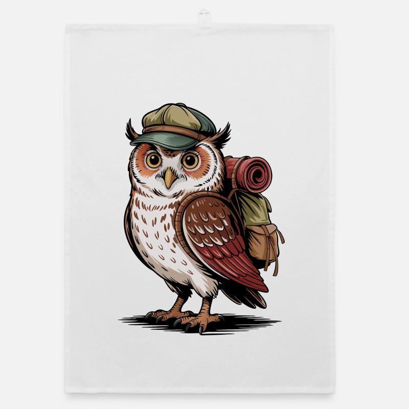 Wandering owl with backpack Organic dish towel