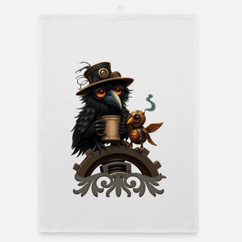 Steampunk Rabe mit Becher Organic Geschirrtuch