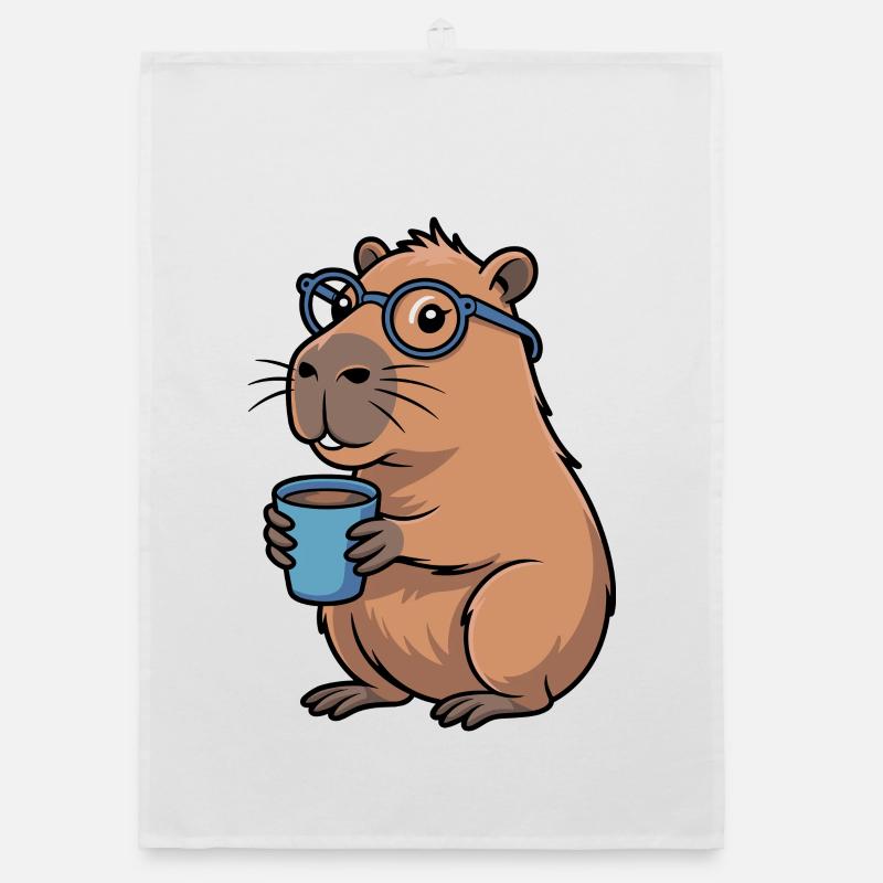 Coffee drinking capybara with glasses Organic dish towel