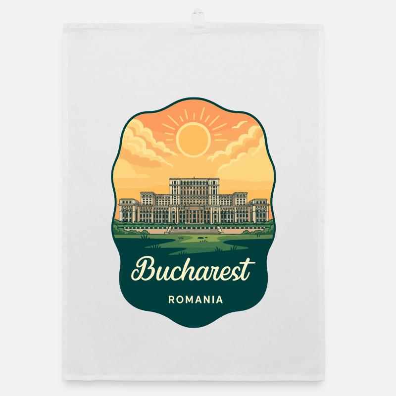 Insigne du Coucher de soleil vintage du Parlement de Bucarest Torchon bio