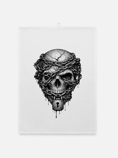 Chained Skull Gothic Horror Graphic - Organic dish towel - white - Front