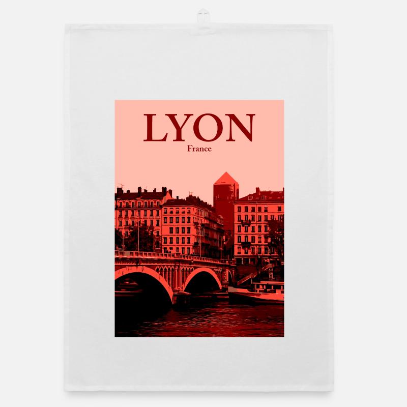 Lyon Skyline roter Overlay - Organic Geschirrtuch - Weiß