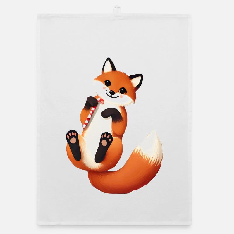 Playful fox with candy cane for Christmas Organic dish towel