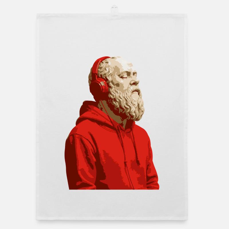 Sokrates in rotem Kapuzenpullover und Kopfhörern Organic Geschirrtuch