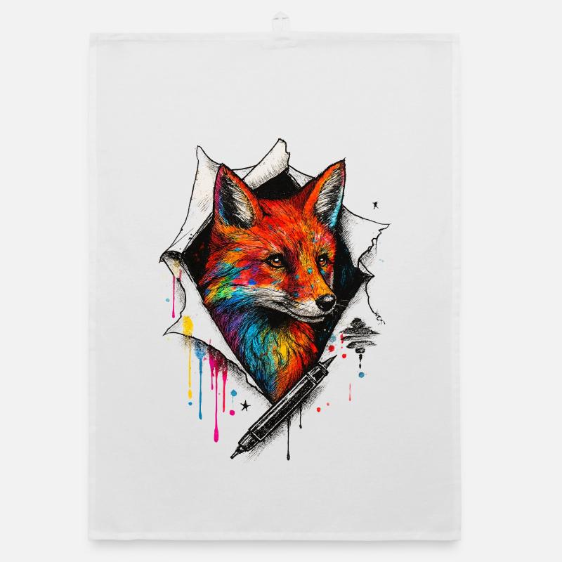 Rainbow Fox Art with Paint Splash Organic dish towel