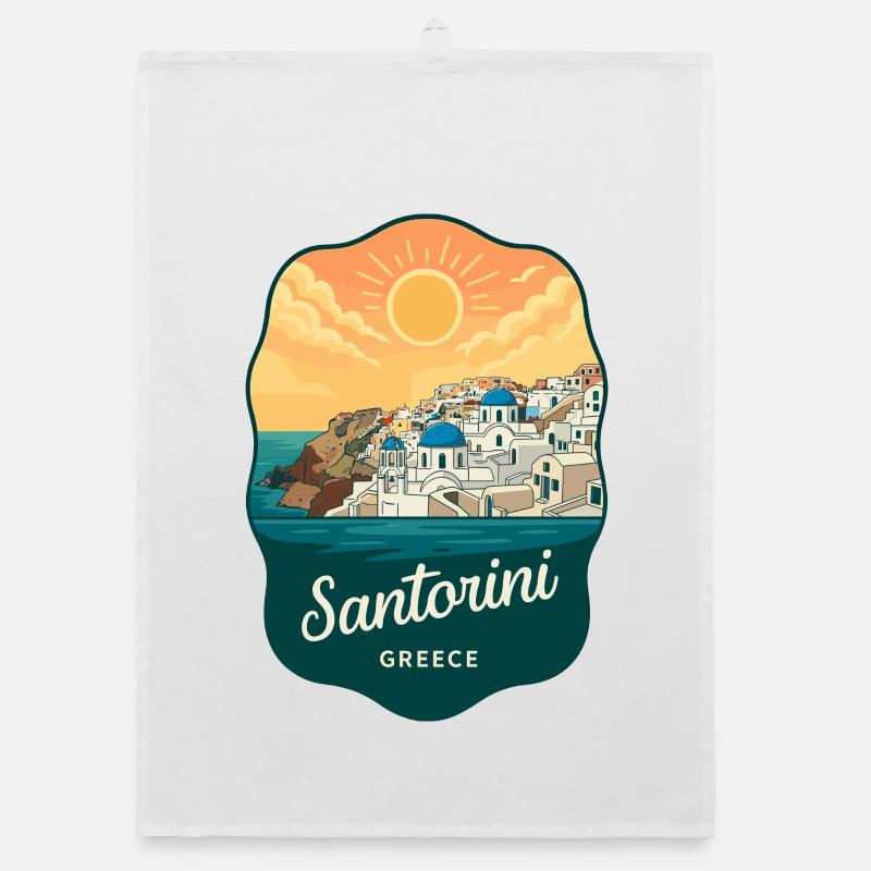 Santorini Blue Domes Retro Sunset Badge Organic dish towel
