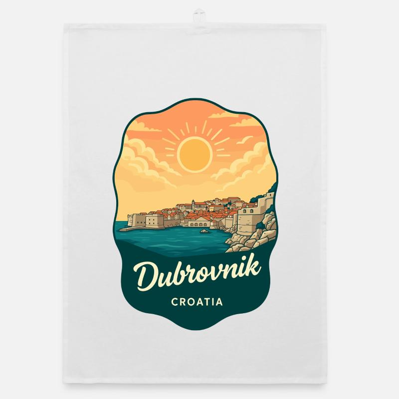 Dubrovnik Walled City Retro Sunset Badge Organic dish towel