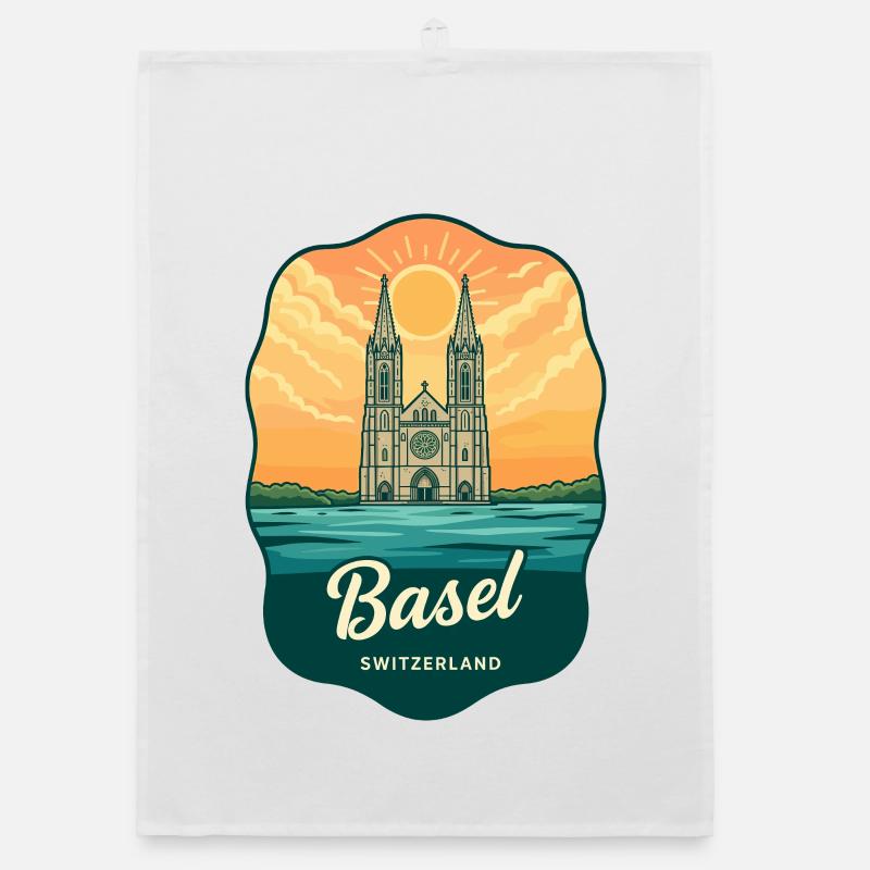 Basel Minster Retro Sonnenuntergangs-Reiseabzeichen Organic Geschirrtuch