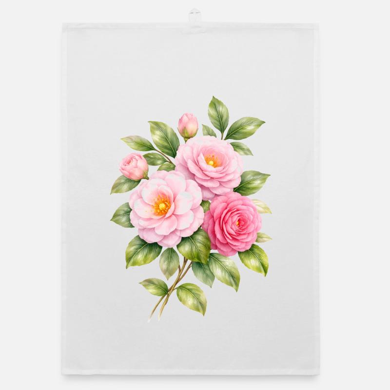 Pink Camellia Blossoms Illustration Organic dish towel