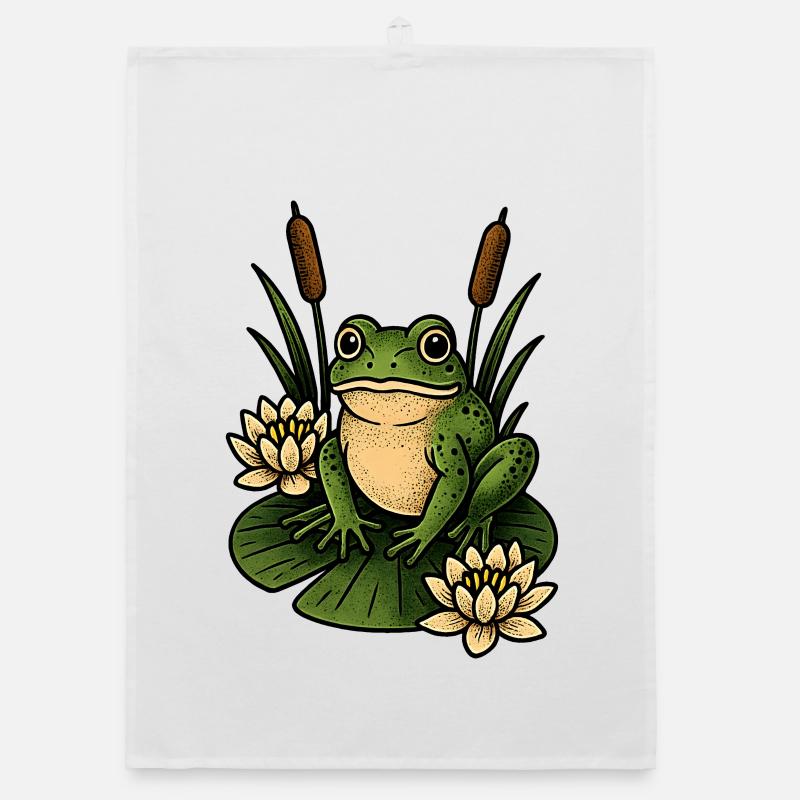 Green frog on lily pad Organic dish towel