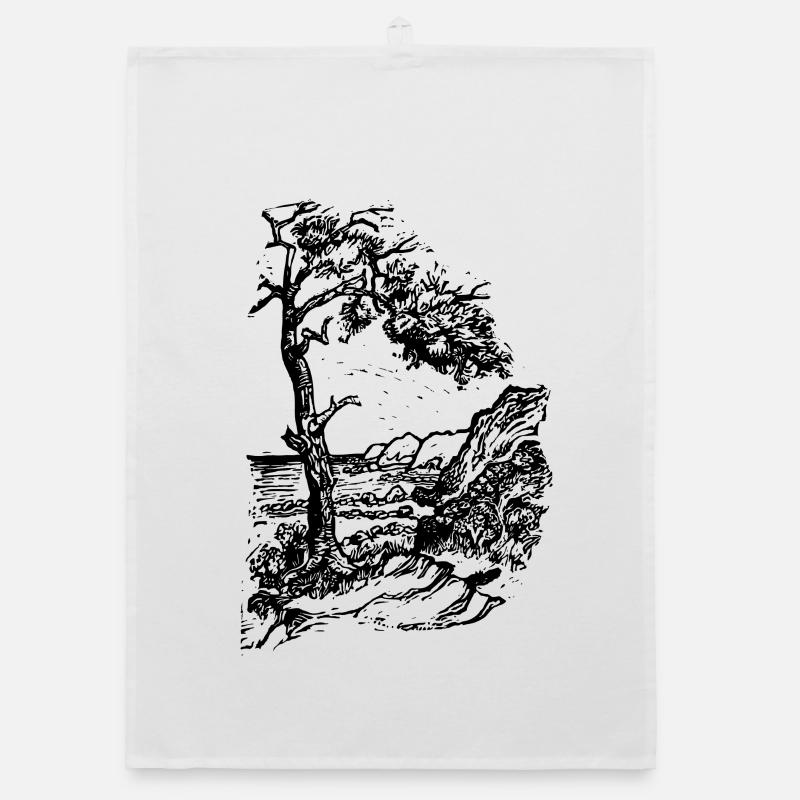 Ostsee Strand Linolschnitt schwarz Organic Geschirrtuch