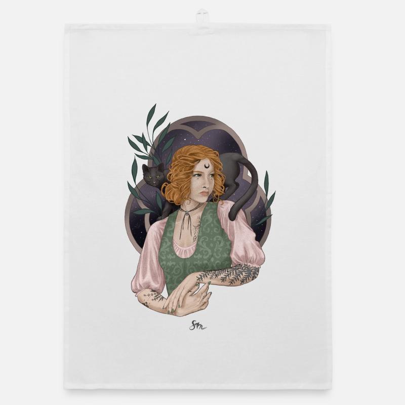 Young herb witch with cat companion Organic dish towel