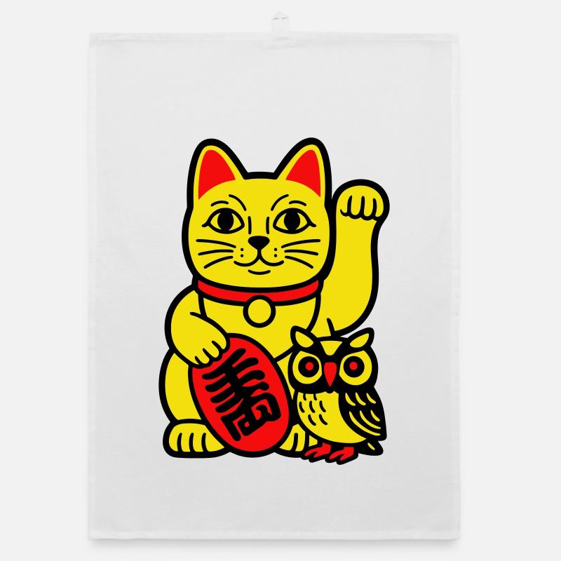 Chat chanceux avec petit hibou Torchon bio