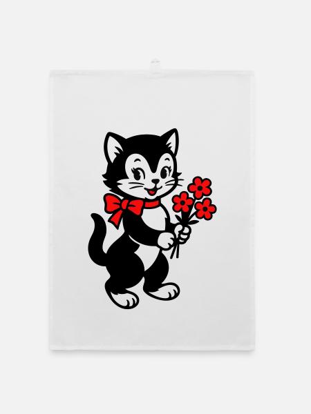 Black Cat with Red Ribbon - Organic dish towel - white - Front