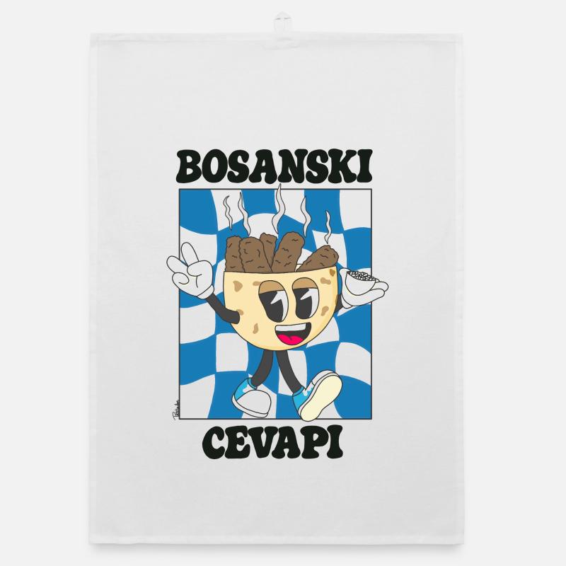 Cevapi Bosnisches Cartoon Blaues Maskottchen - Organic Geschirrtuch - Weiß
