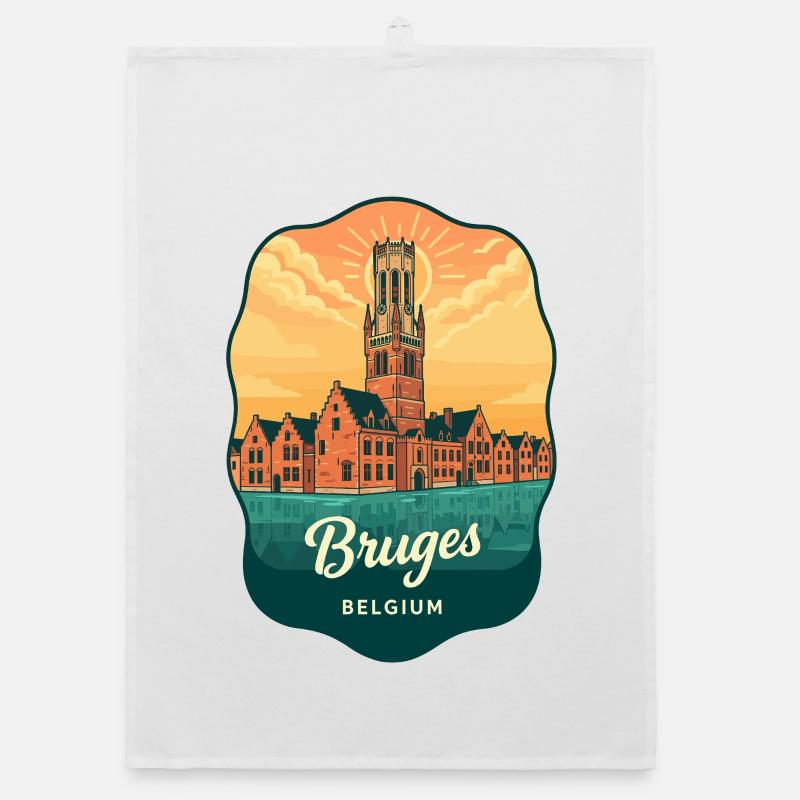 Bruges Belfry Tower Vintage Sunset Badge Organic dish towel