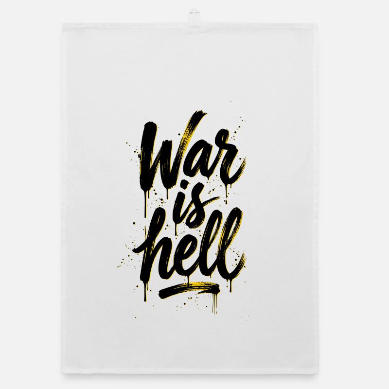 Yellow Graffiti Brush Script on Black War is hell Organic dish towel