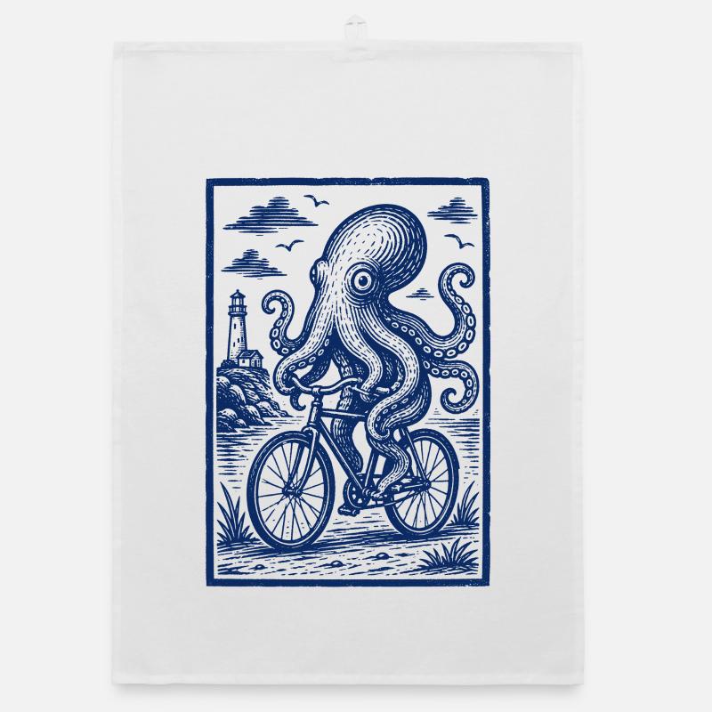 Octopus on Bicycle – Maritime Woodcut Organic dish towel