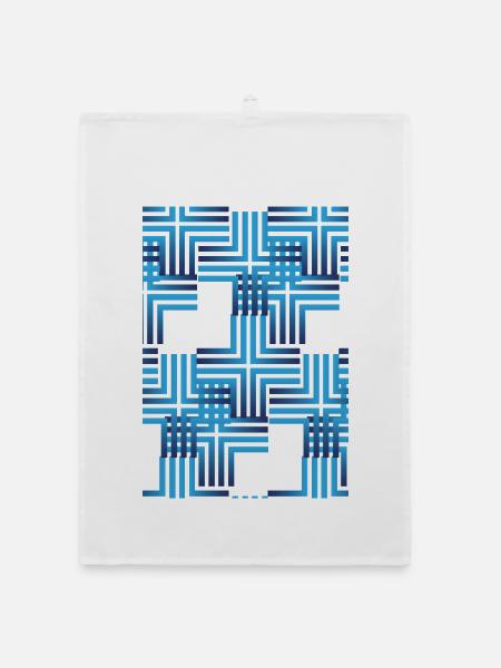 Geometrisches Blau-Raster Muster - Organic Geschirrtuch - Weiß - Vorne
