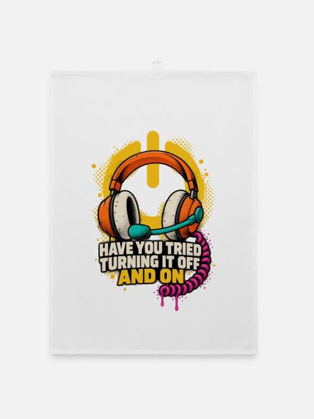 Headset Humor: Ein-Aus Spruch - Organic Geschirrtuch - Weiß - Vorne