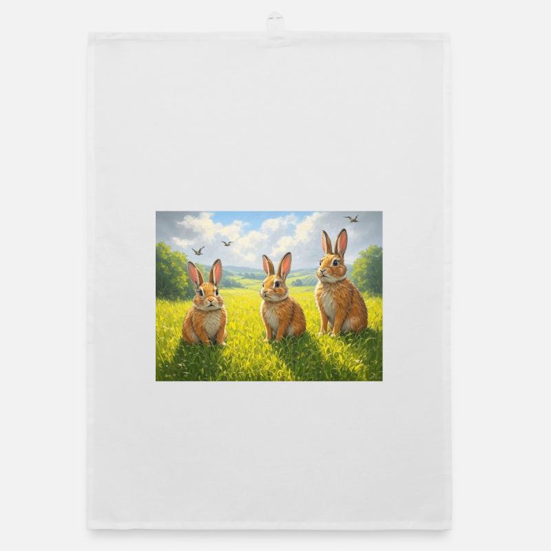 Trois lapins dans le champ de printemps Torchon bio