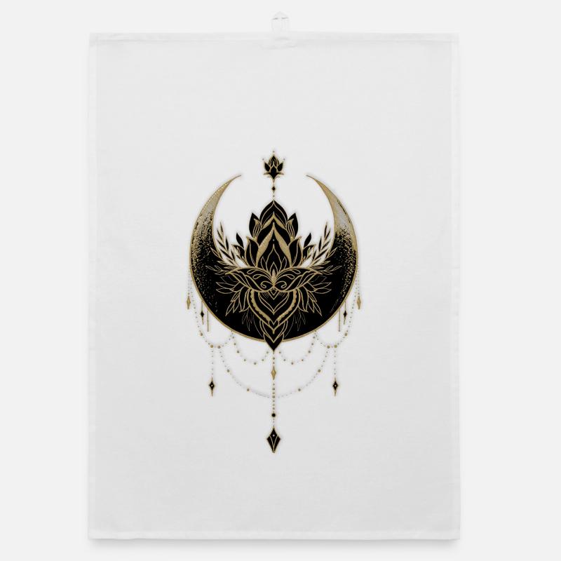 Superbe lune noire dorée avec fleur de lotus. Torchon bio