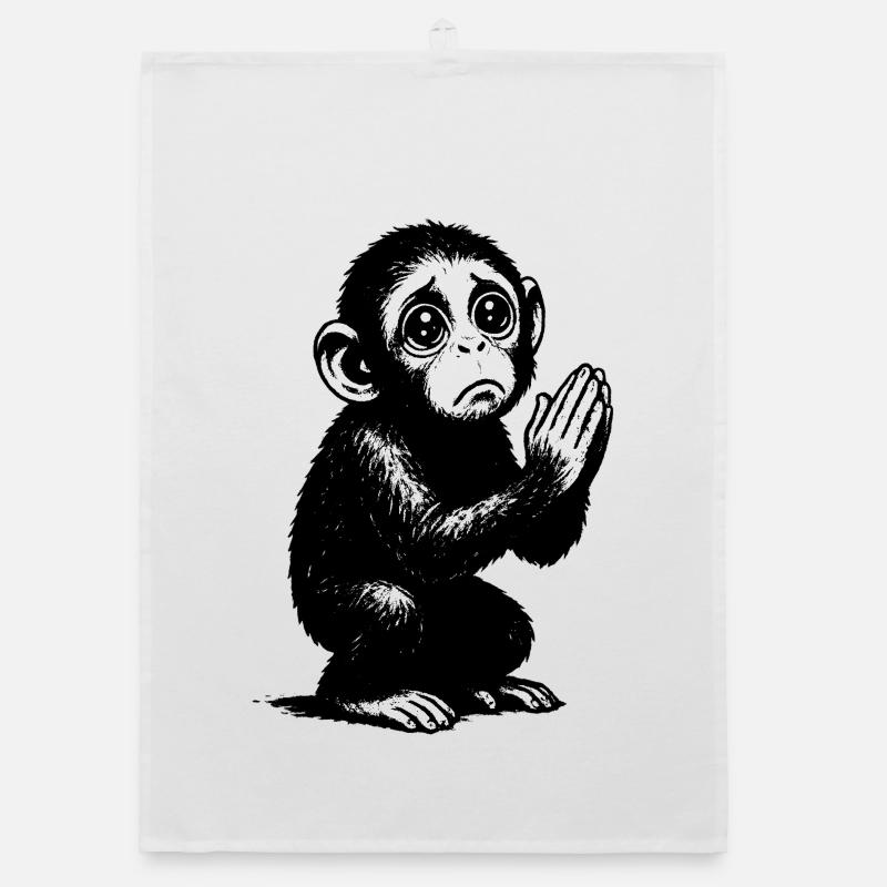 Praying Monkey Black and White Illustration Organic dish towel