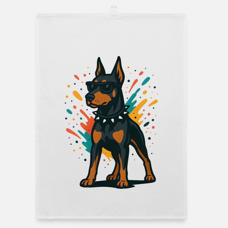 Chien Dobermann en éclaboussure colorée Torchon bio
