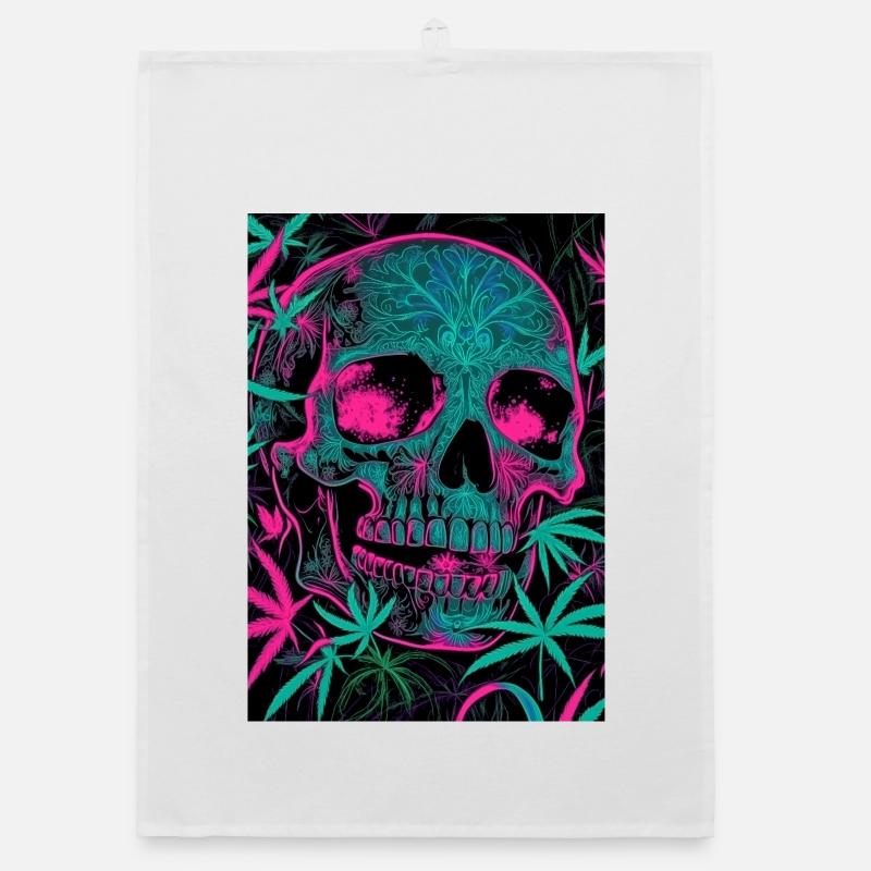 Neon-Skull mit Cannabisblatt-Pattern Organic Geschirrtuch