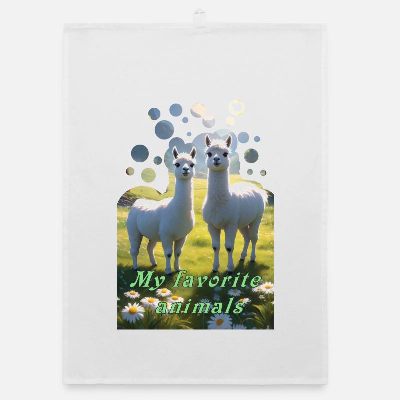 Two fluffy llamas alpacas in the meadow Organic dish towel