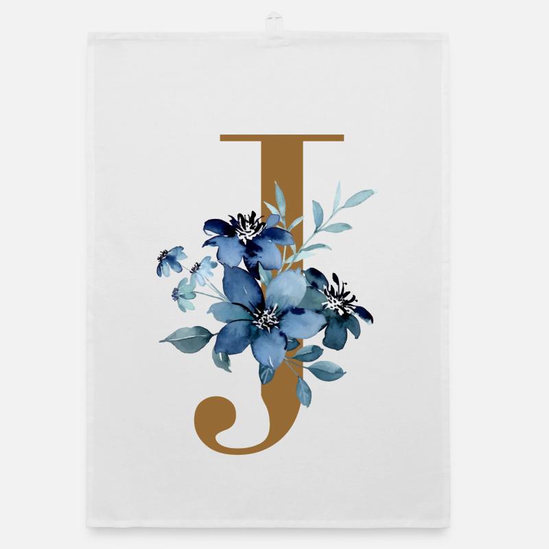 Floral J – Lettre dorée avec des fleurs Torchon bio