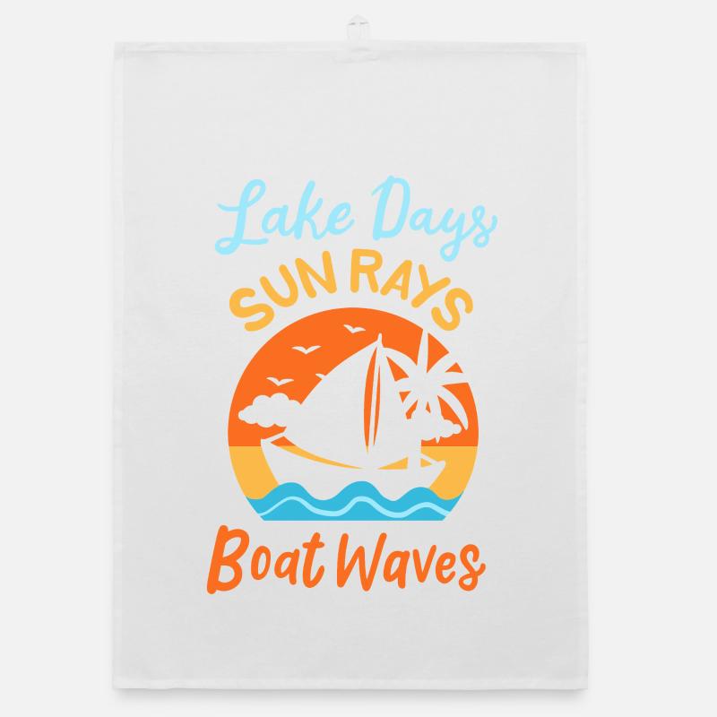 Lake Days Sun Rays Boat Waves Retro Sailing Art Organic dish towel
