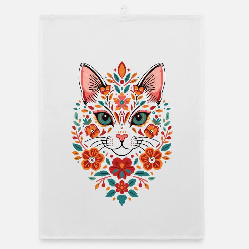 Motif d’art populaire fleur tête de chat Torchon bio