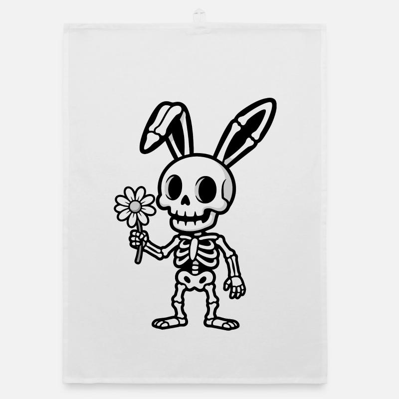 Skeleton Rabbit with Flower - Organic dish towel - white