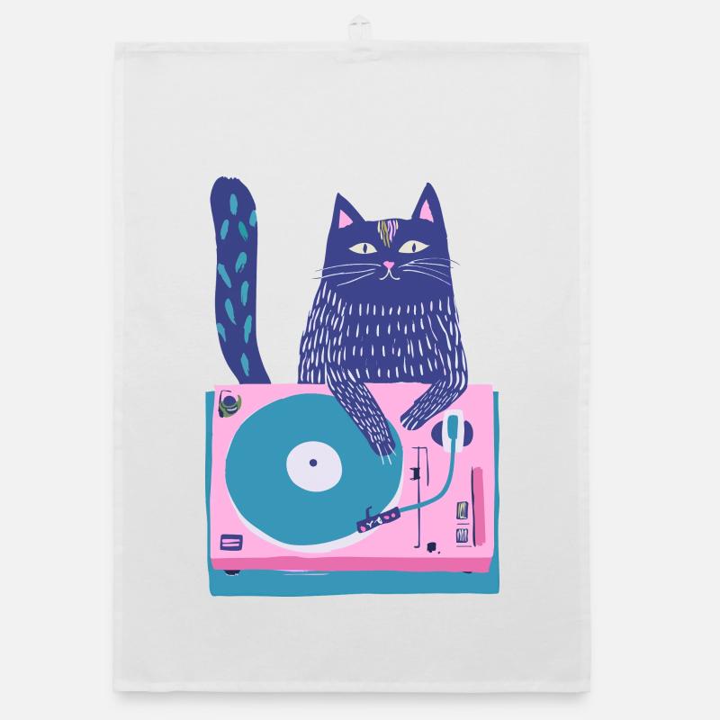 Purple Cat DJ on Turntable Organic dish towel
