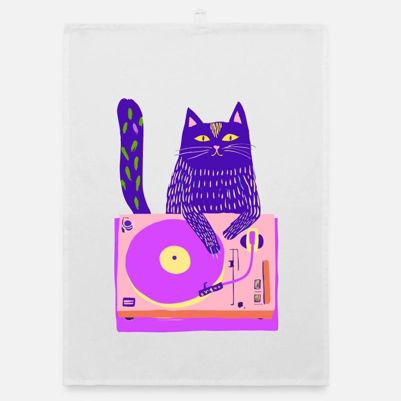 Neon Cat DJ on Pink Turntable Organic dish towel