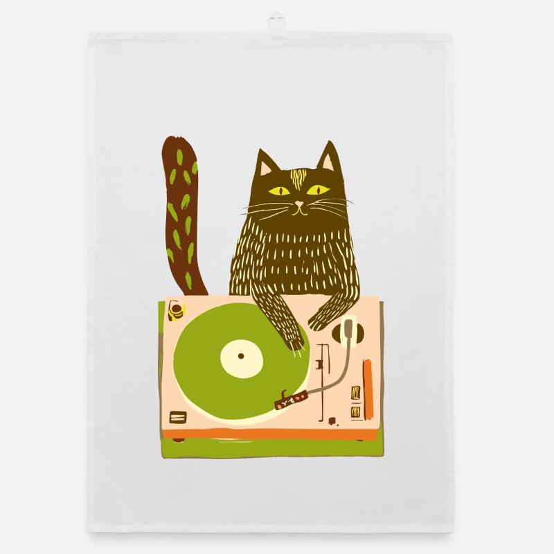 Cat DJ on Turntable Organic dish towel