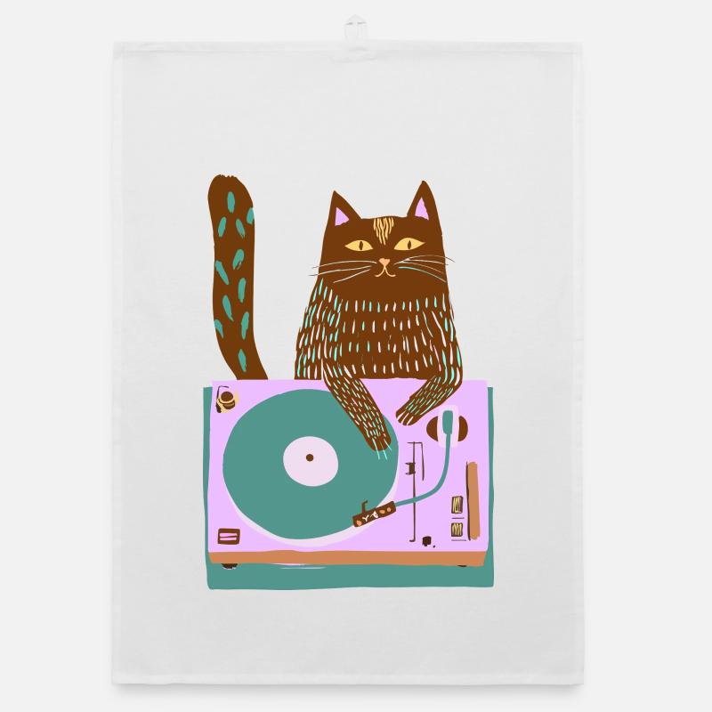 Cat DJ on Retro Turntable Organic dish towel