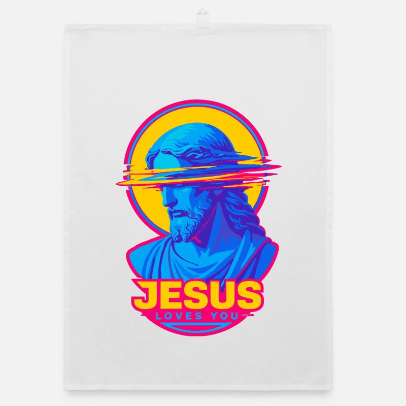Jesus Loves You Retro Glitch Organic Geschirrtuch