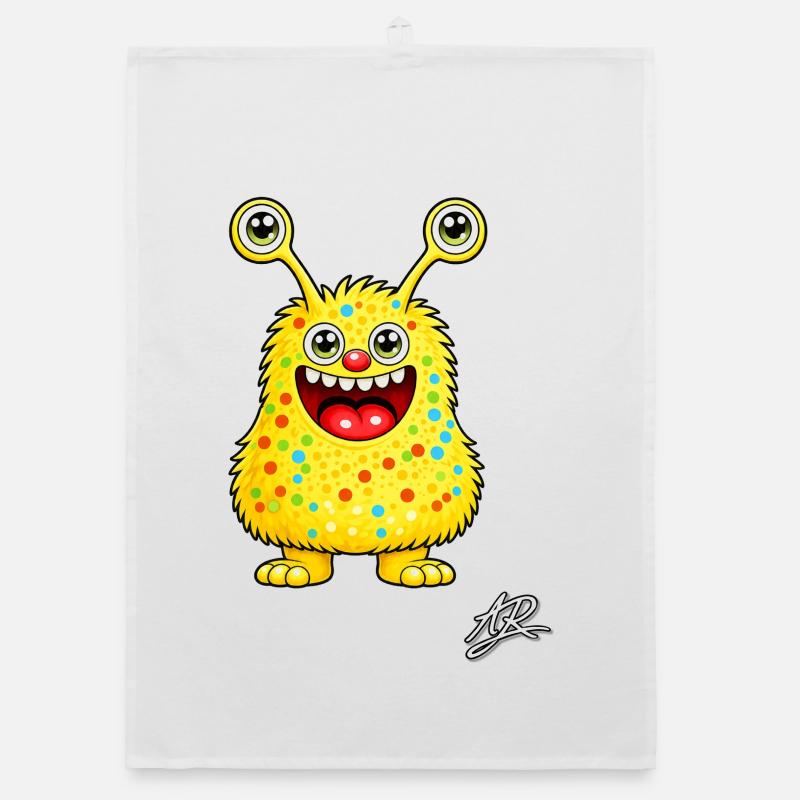 Yellow Monster with Confetti Polka Dots - Organic dish towel - white