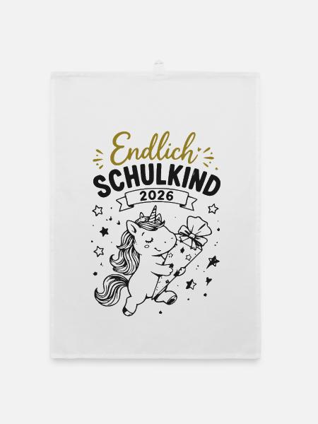 Endlich Einschulung 2026 Einhorn Geschenk - Organic Geschirrtuch - Weiß - Vorne