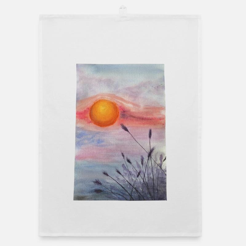 coucher de soleil sur prairie fleurs sauvages herbe blé - Torchon bio - blanc
