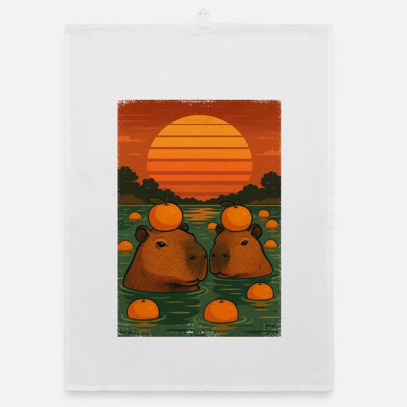 Capybara with orange on her head Organic dish towel