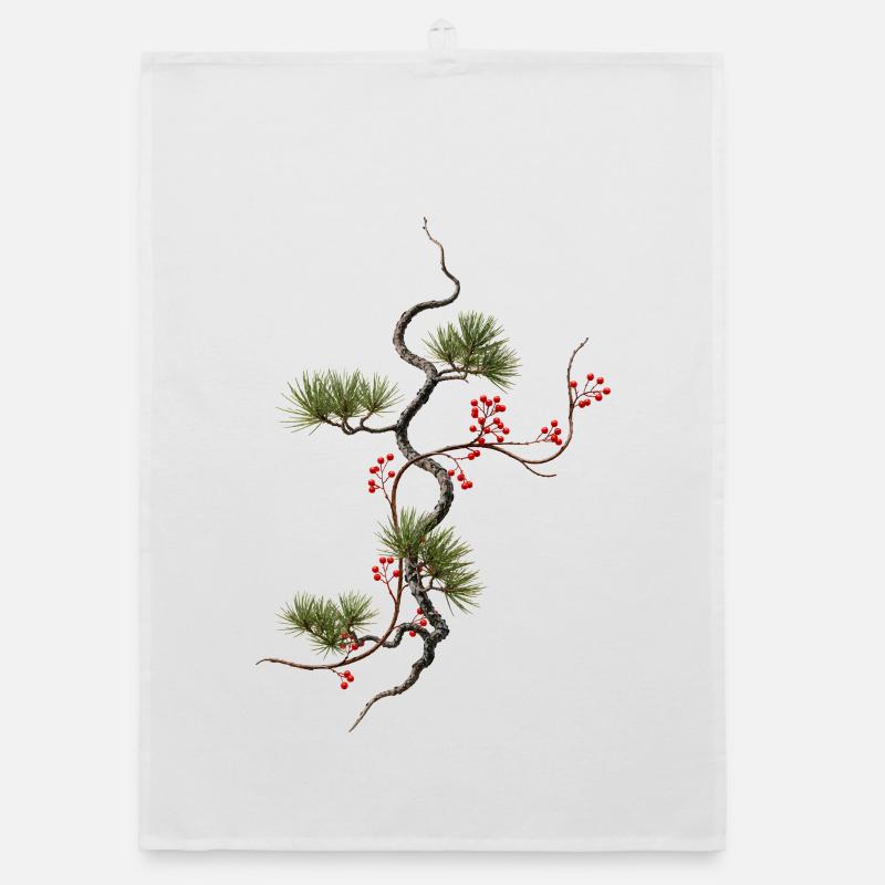 Ikebana Spruce with Red Berries Zen Style Organic dish towel