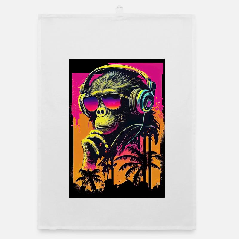 Synthwave retro monkey avec lunettes de soleil et musique Torchon bio