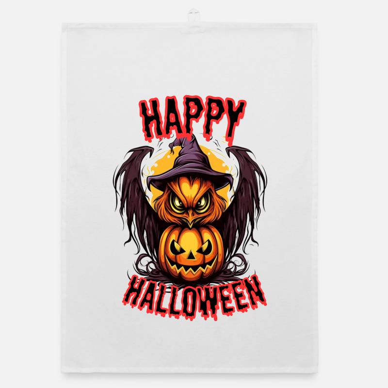Gruselige Halloween Eule mit Kürbis Organic Geschirrtuch