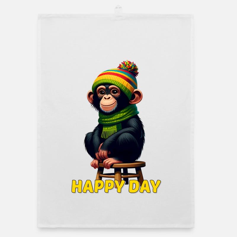 Playful monkey with winter hat Organic dish towel